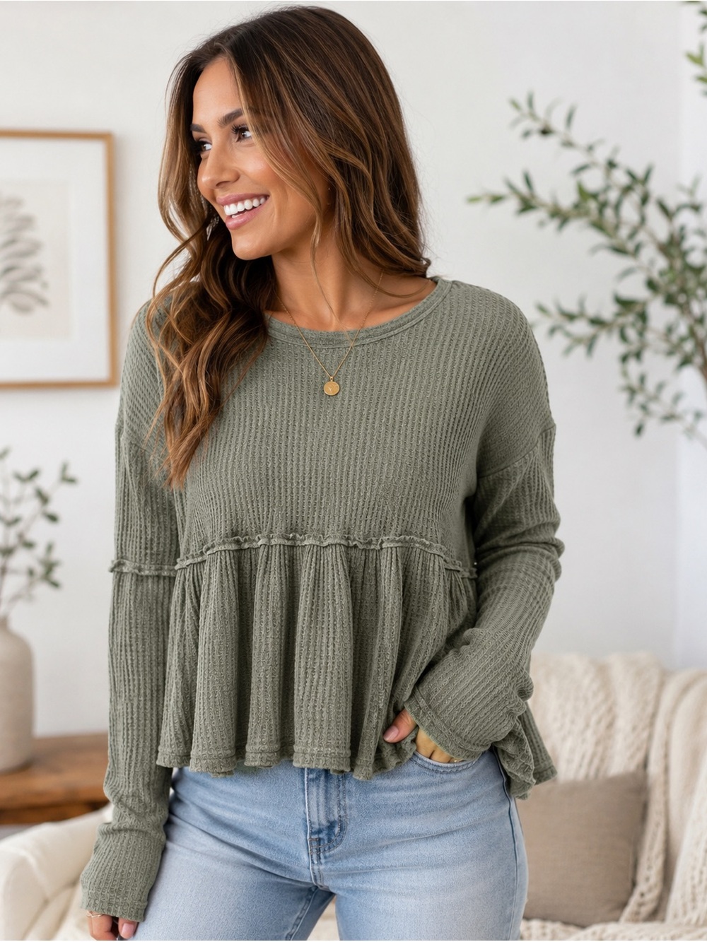 Altar'd State Olive Waffle Knit Peplum Sweater